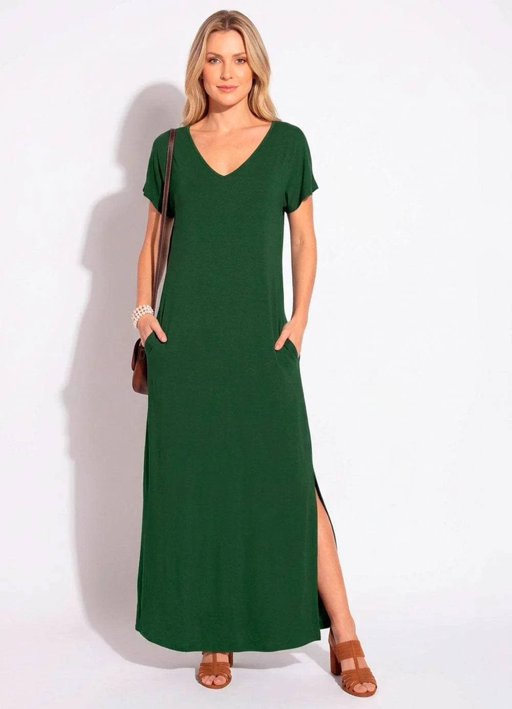 Quintess - Vestido Longo Soltinho com Fenda Verde