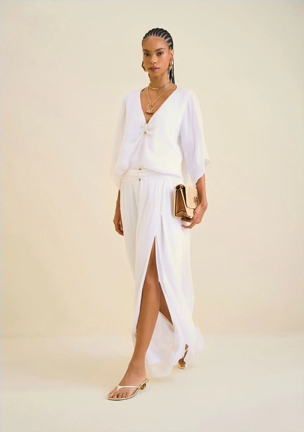 Saia Morena Rosa Longa Reta Com Fenda Off White