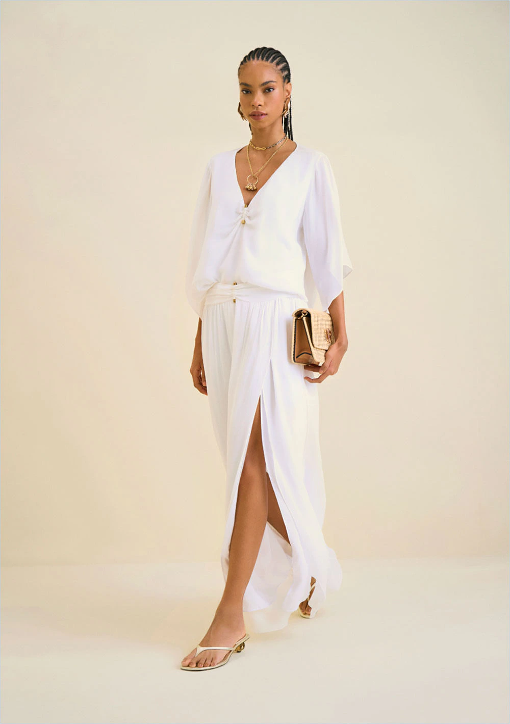Saia Morena Rosa Longa Reta Com Fenda Off White