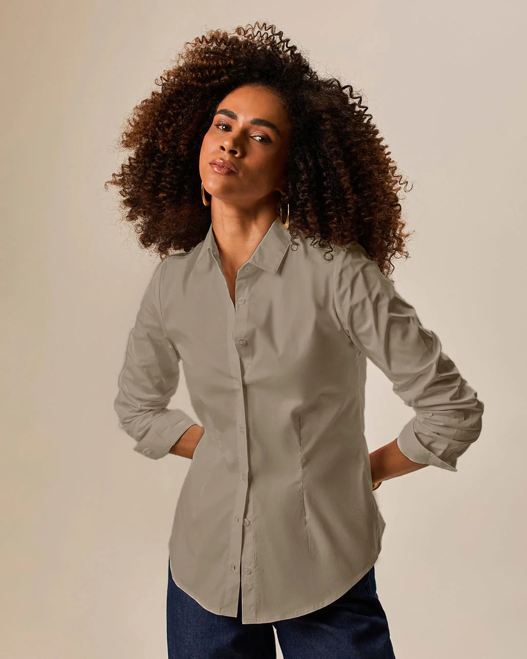 Camisa Básica Feminina Manga Longa Em Tricoline