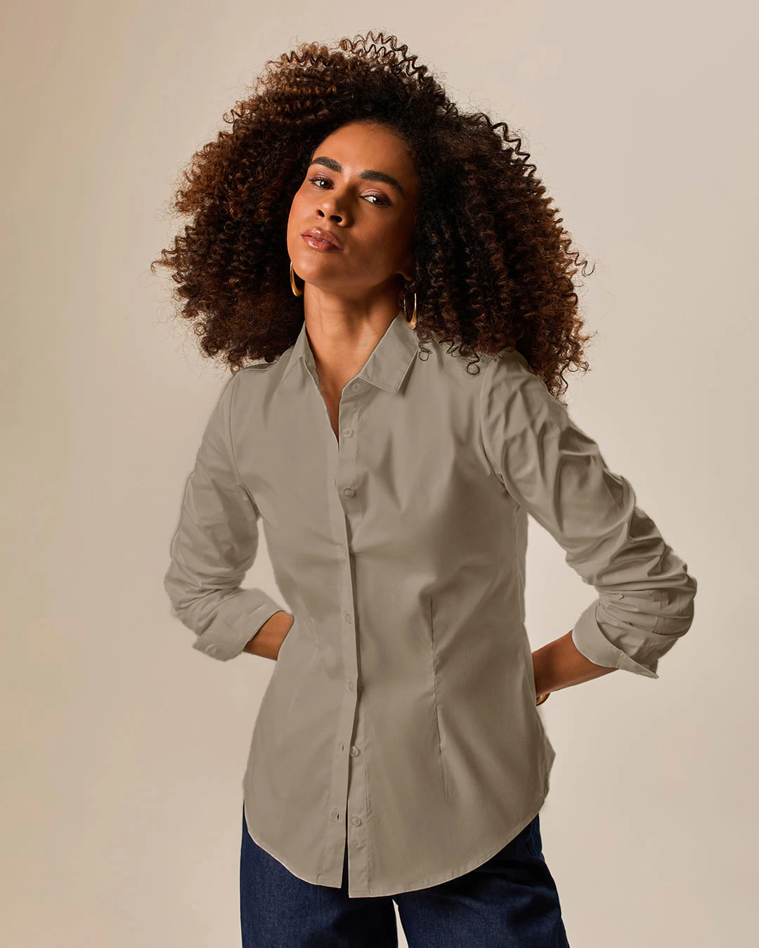 Camisa Básica Feminina Manga Longa Em Tricoline