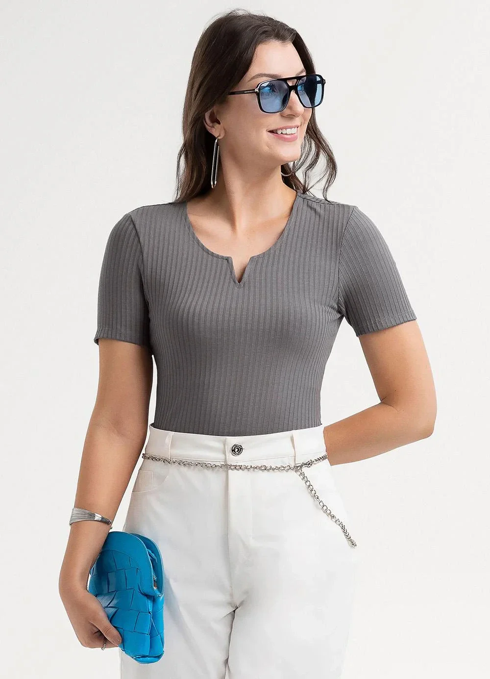 Habana - Blusa em Canelado Cinza