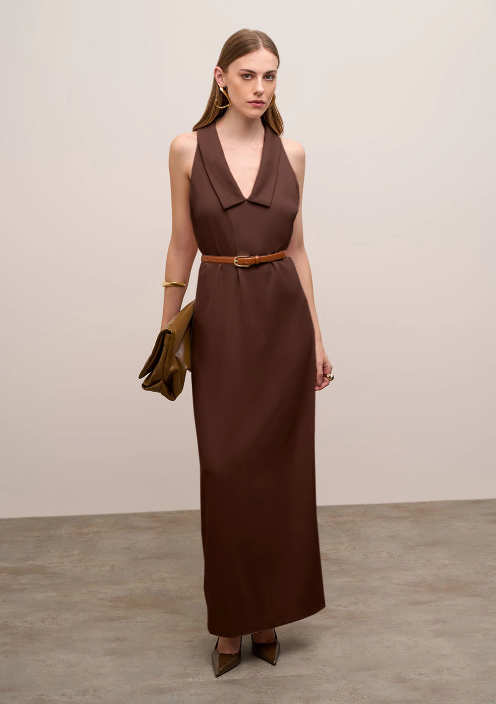 Vestido Iódice Solto Decote V Sem Manga Longo Marrom