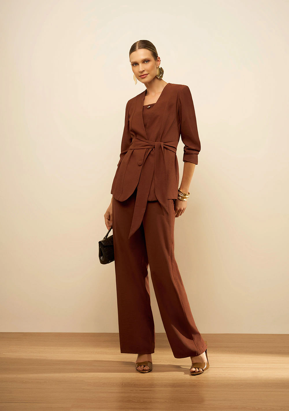 Blazer Maria.Valentina Solto Manga Longa Padrão Marrom