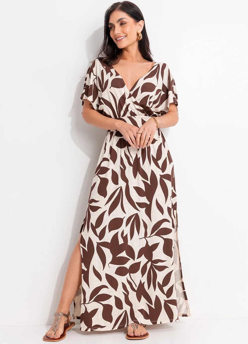 Quintess - Vestido Folhagem Marrom em Malha de Viscose