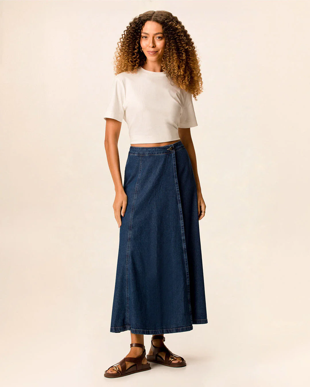 Saia Midi Feminina Transpassada Cintura Alta Em Jeans 100% Algodão