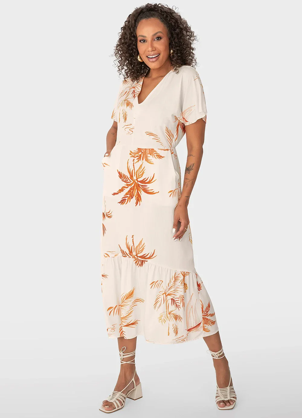 Malwee - Vestido Off White Evasê Tropical