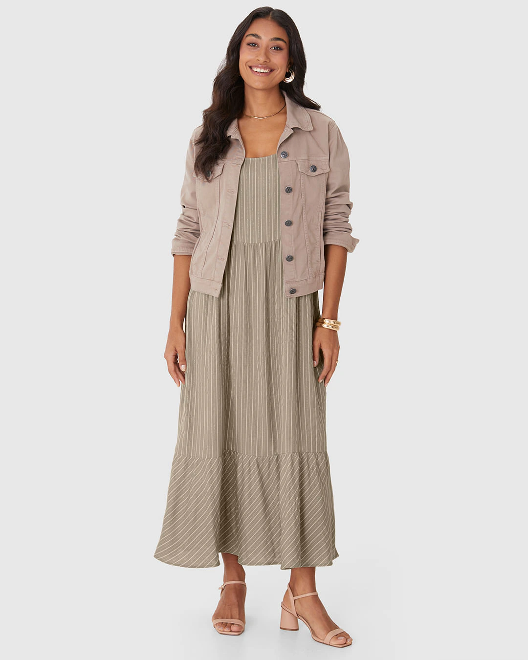 Vestido Midi Feminino Listrado Decote Redondo Em Viscose Lurex