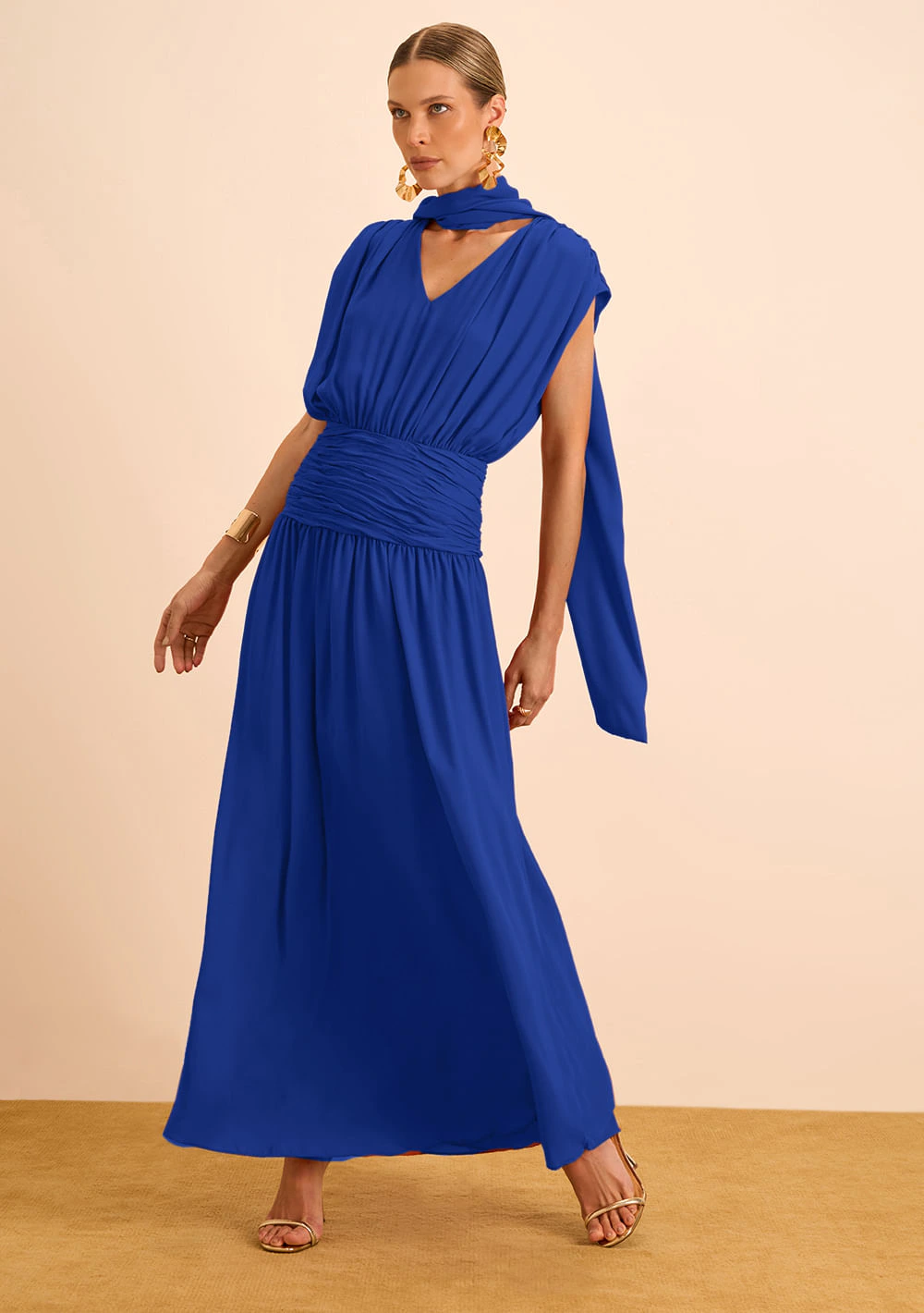 Vestido Maria.Valentina Solto Decote V Sem Manga Longo Azul