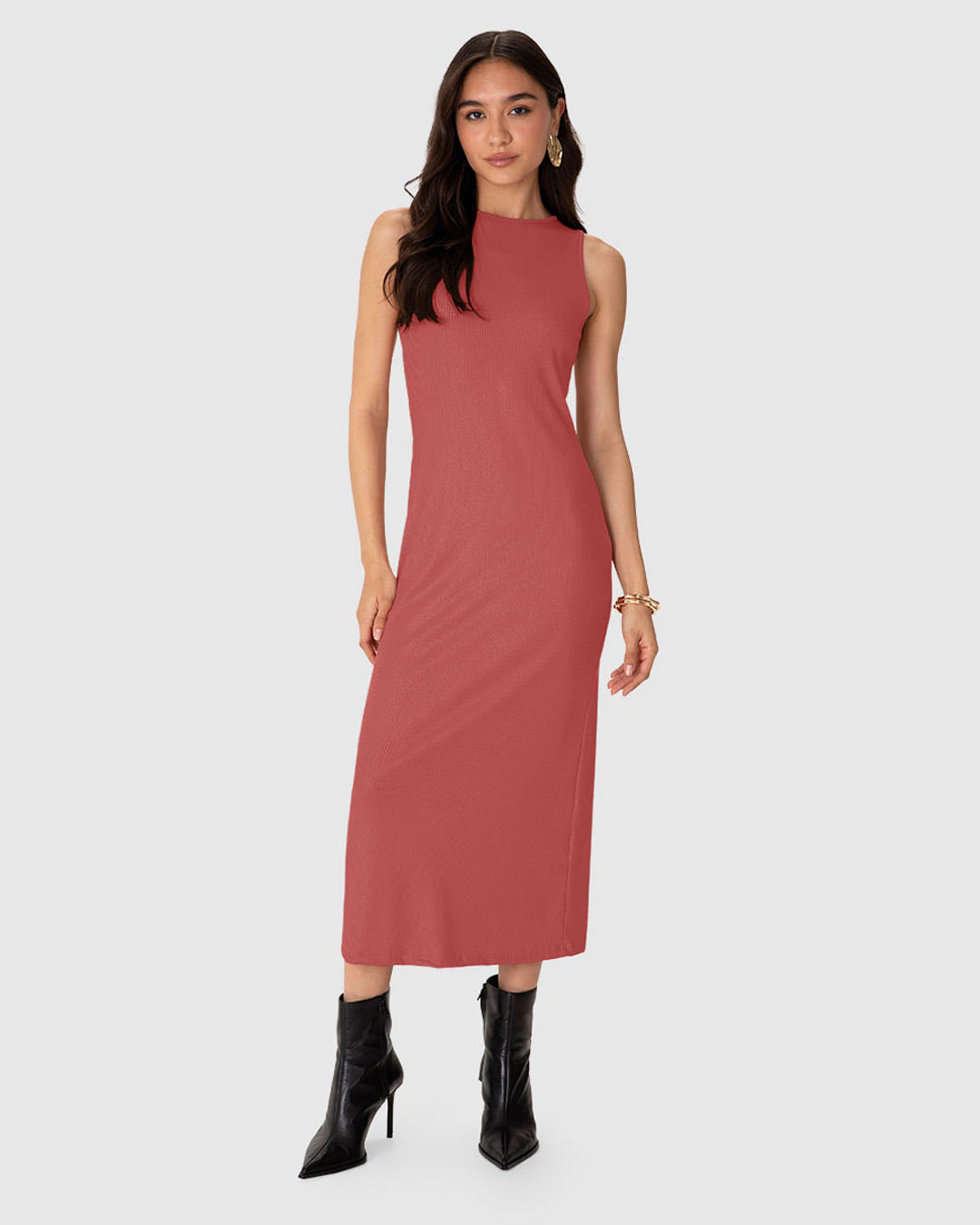 Vestido Midi Feminino Sem Manga Gola Redonda Malha Canelada Brilho - ENFIM