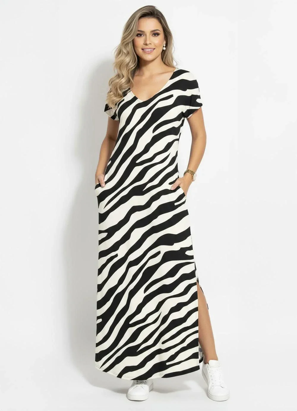 Quintess - Vestido Longo Soltinho com Fenda Zebra