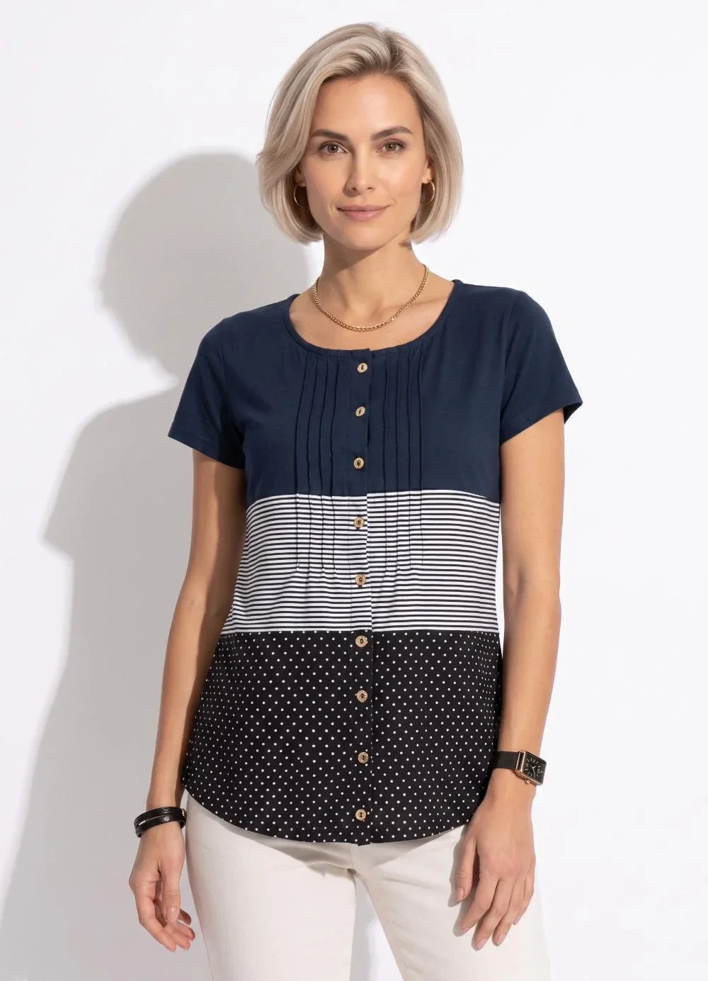 Quintess - Blusa com Botões Frontais Listras e Marinho