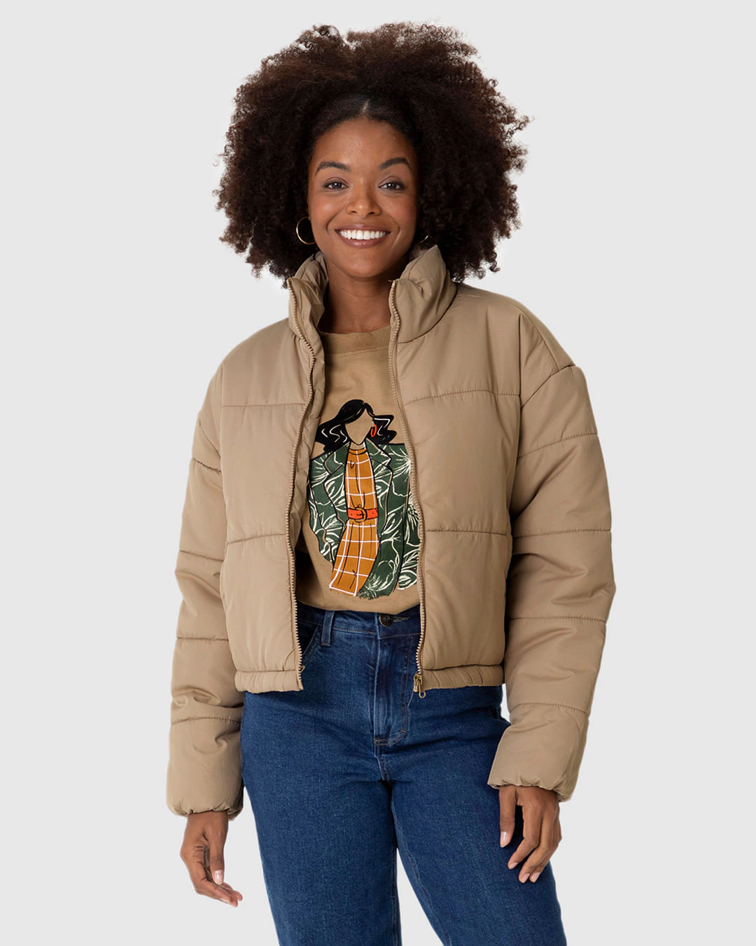 Jaqueta Puffer Feminina Cropped Gola Alta Em Nylon
