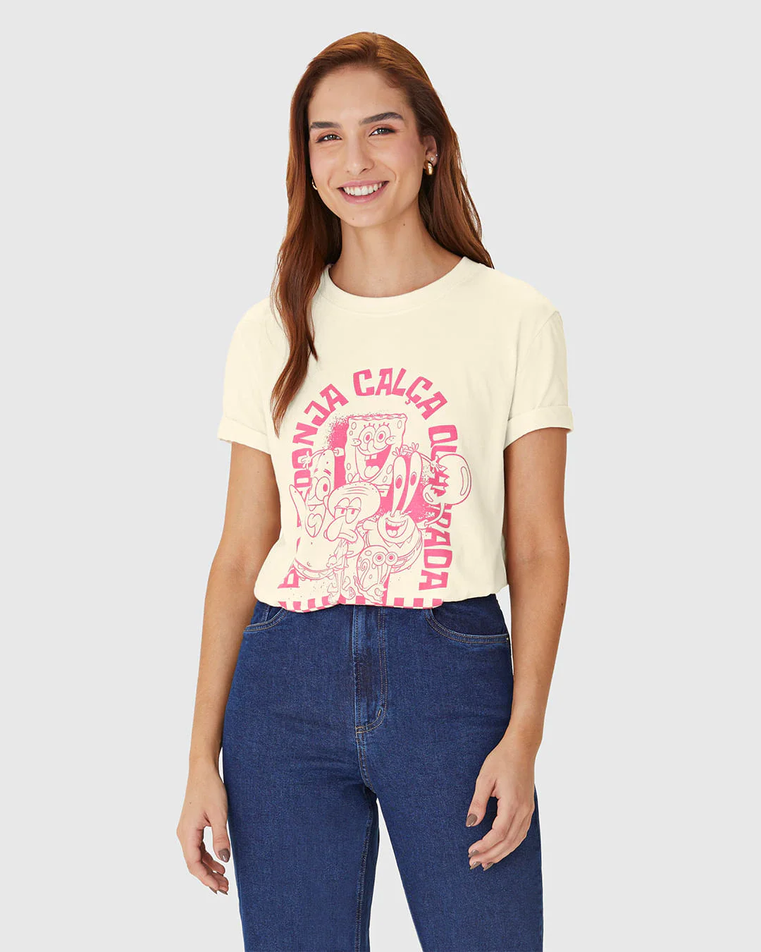 Camiseta Feminina Baby Look Bob Esponja Calça Quadrada Em Algodão