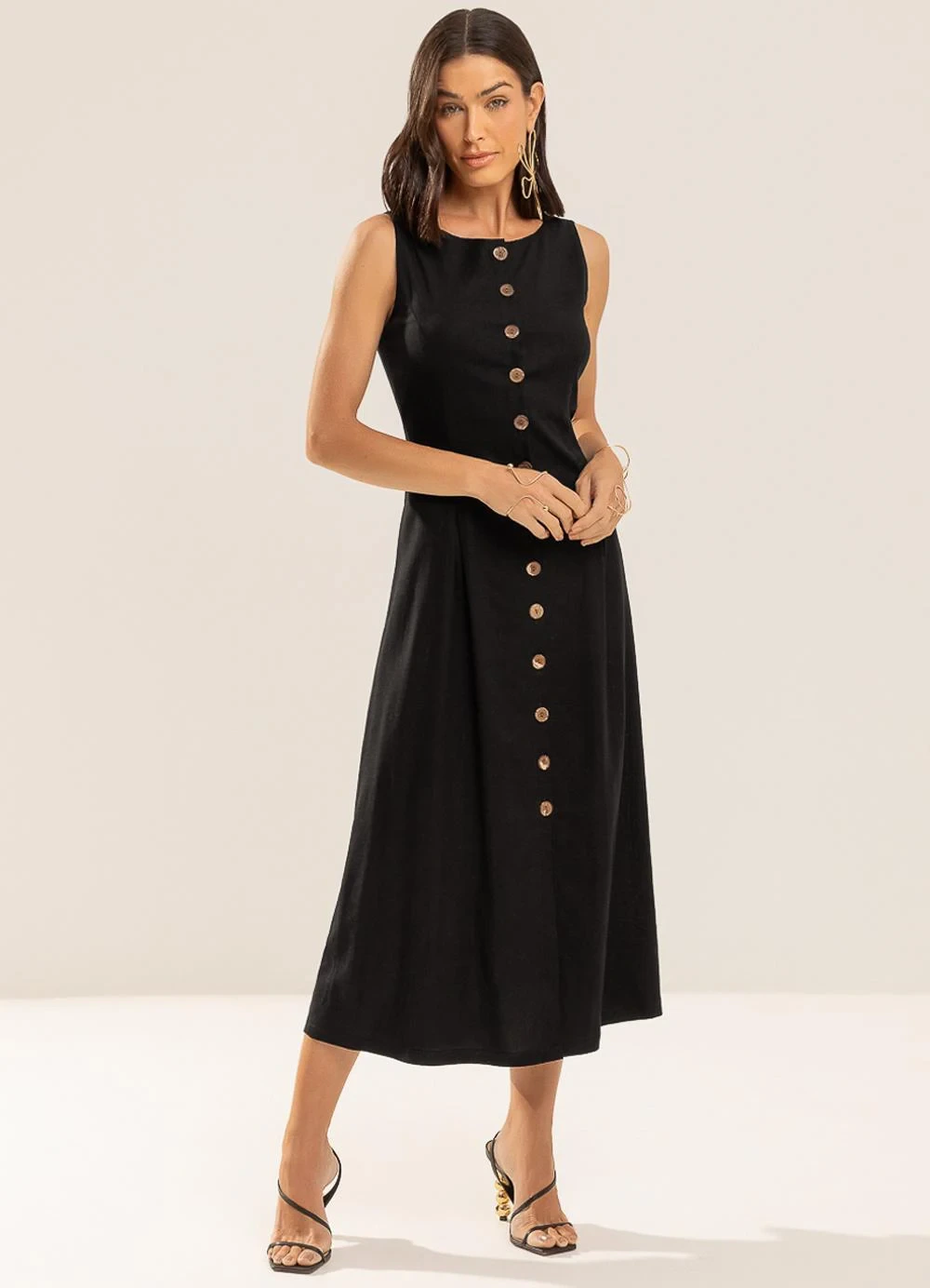 Gris - Vestido Midi com Linho e Elastano Preto