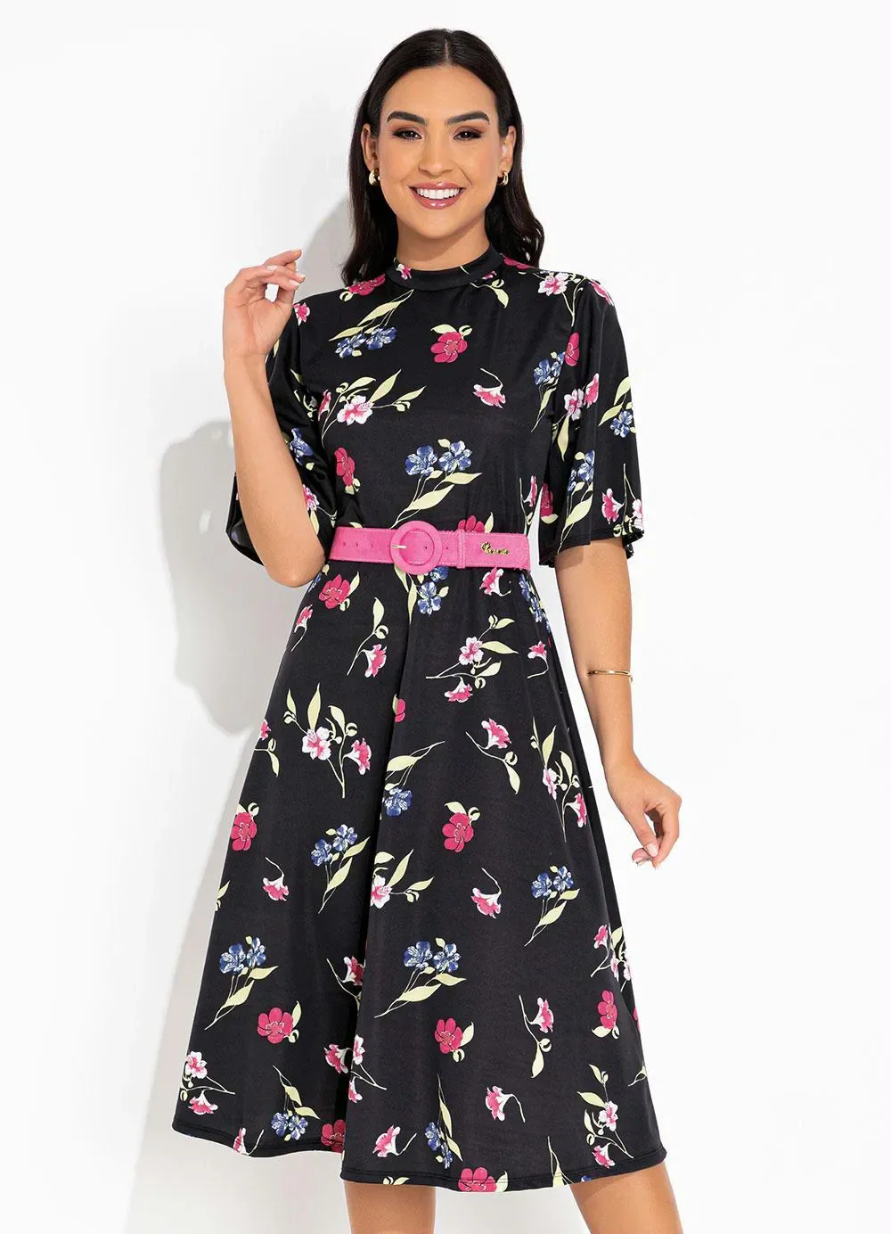 Rosalie - Vestido Floral Preto Evasê
