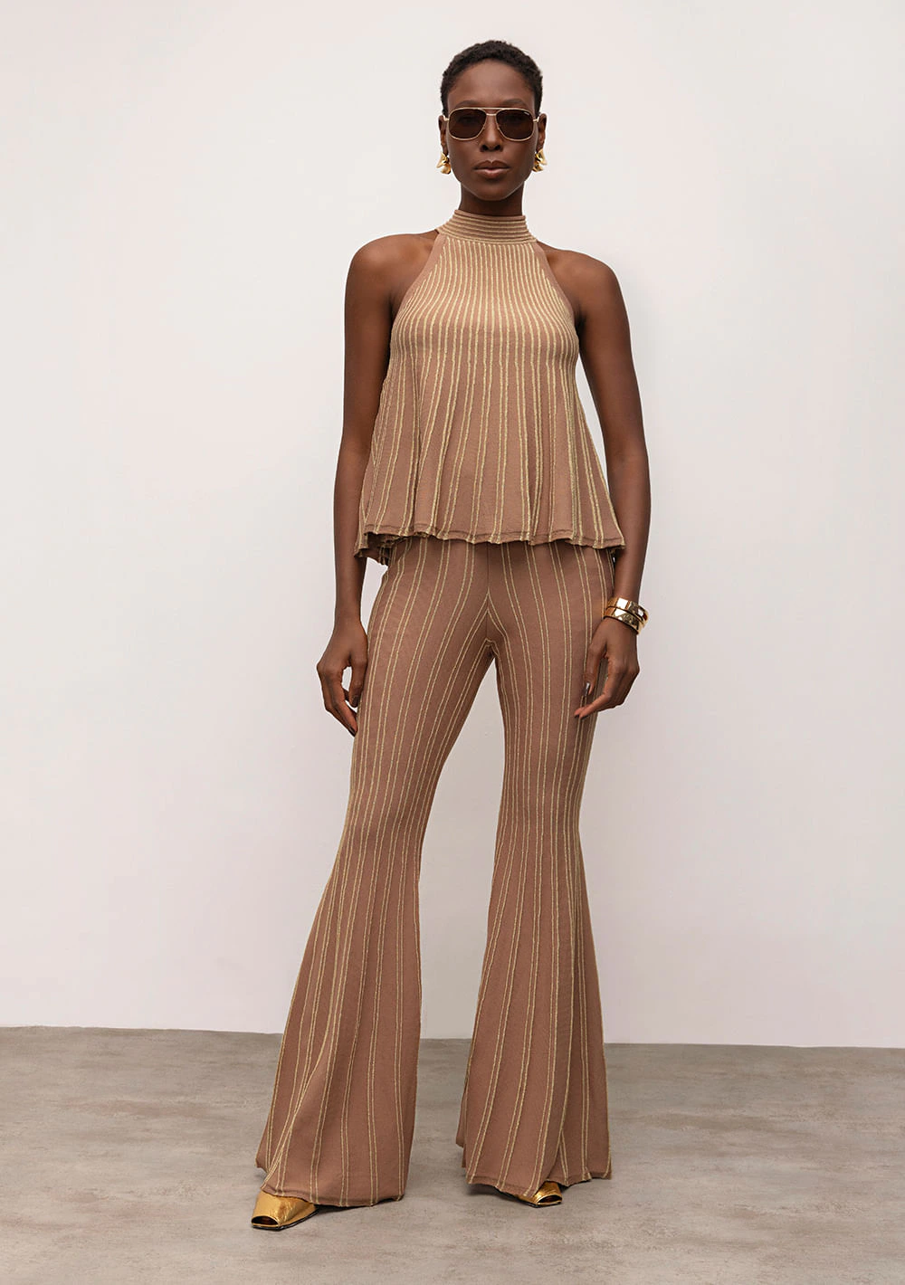 Calça Iódice Flare Cós Alto Tricot Marrom