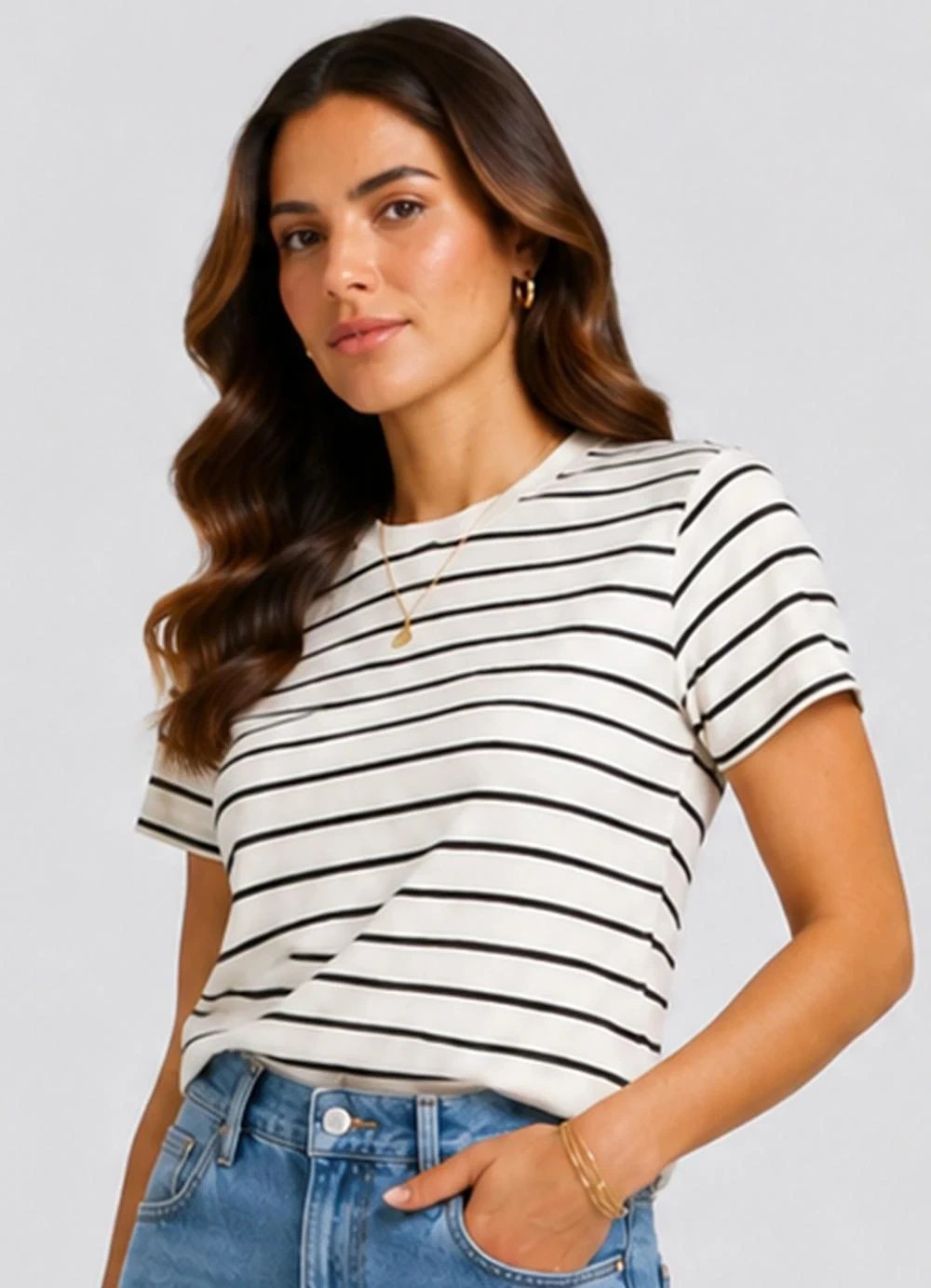 Infinita Cor - Blusa Feminina Básica Cotton Listrado Branco