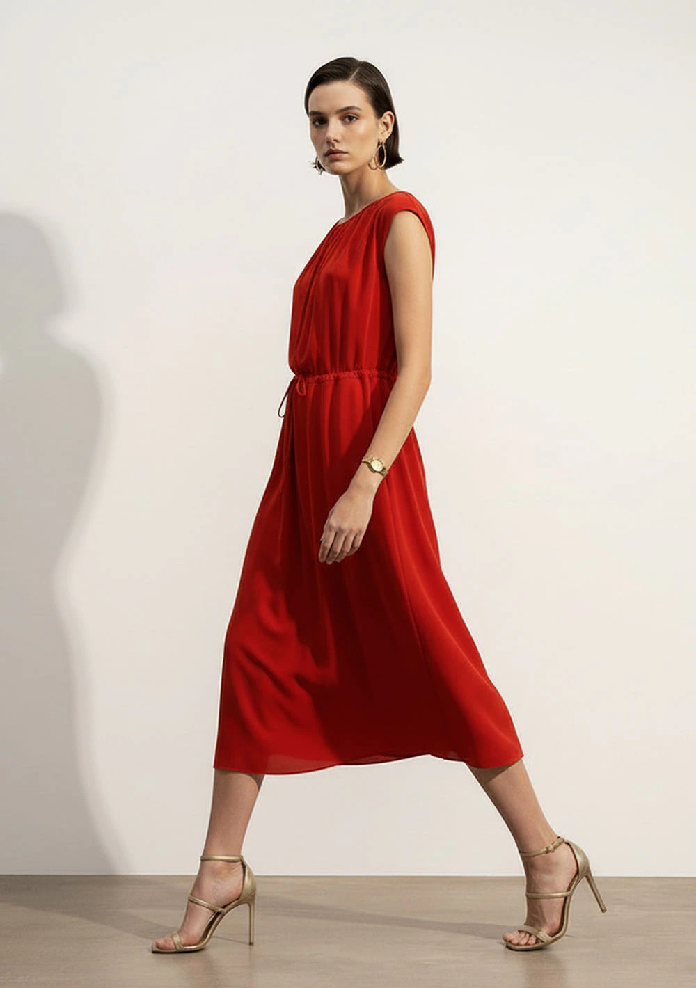 Vestido Solto Decote Canoa Sem Manga Midi Laranja