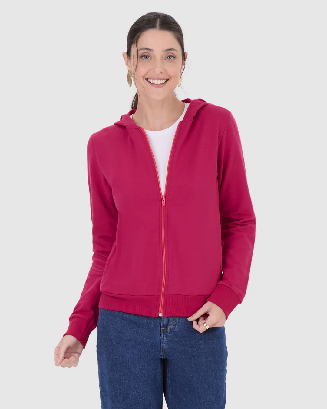 Jaqueta Básica Feminina Com Capuz Moletom Stretch Flanelado