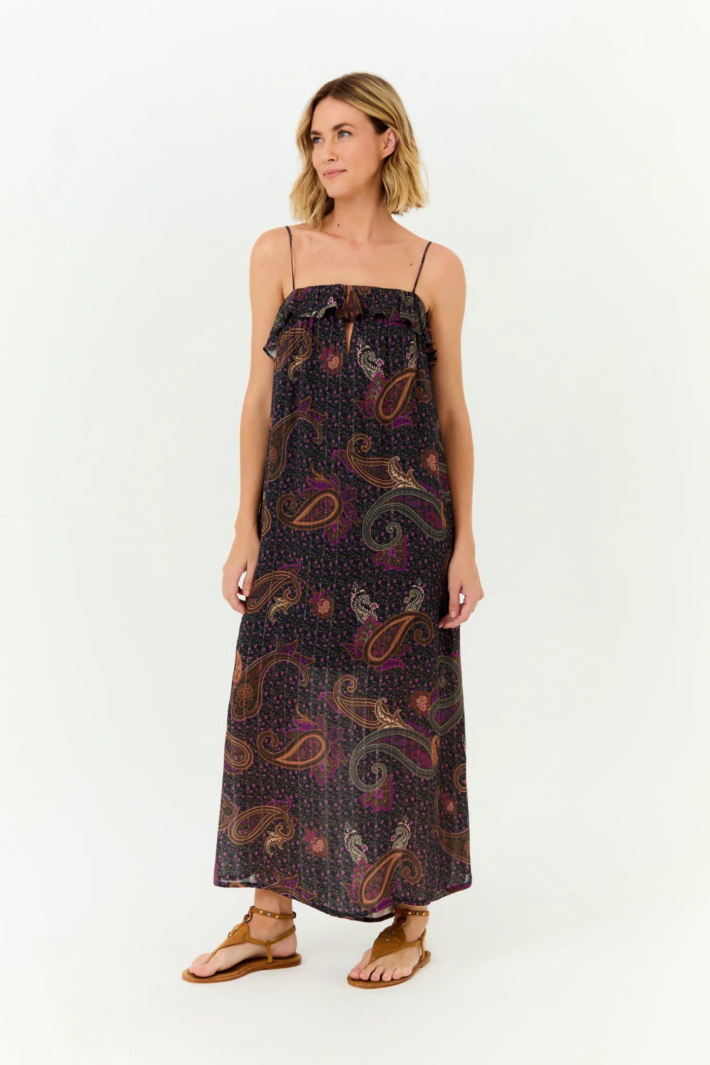 Vestido Babado Decote Estampa Pale