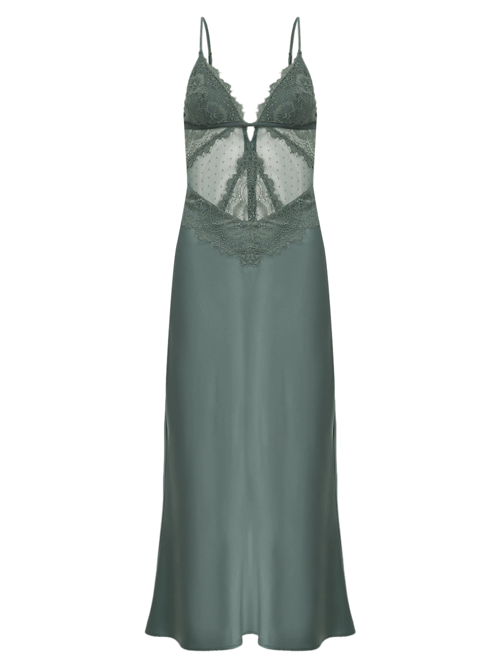 Camisola Longa Sem Manga Cetim Renda Mila Verde Laurel Wreath