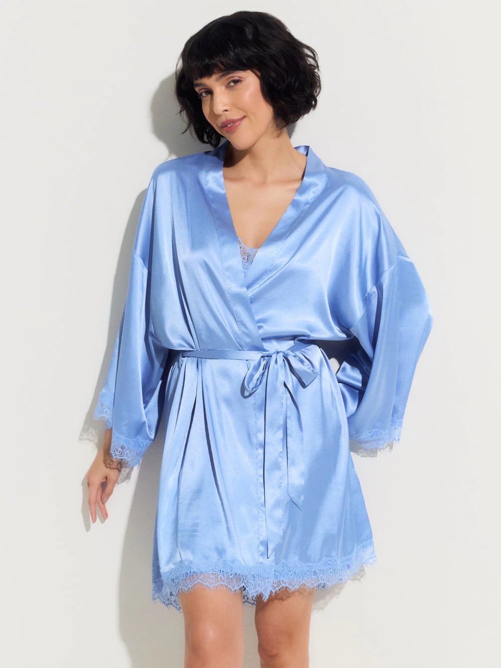 Kit Camisola e Robe Cetim Renda Angelina Azul Bel Air