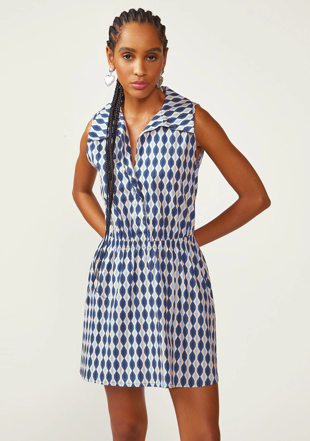 Vestido Zinco Solto Decote V Sem Manga Curto Azul