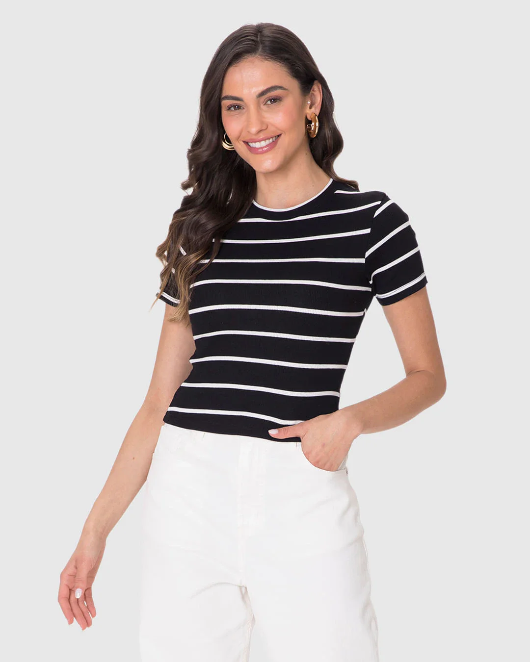 Blusa Básica Feminina Decote Redondo Em Ribana