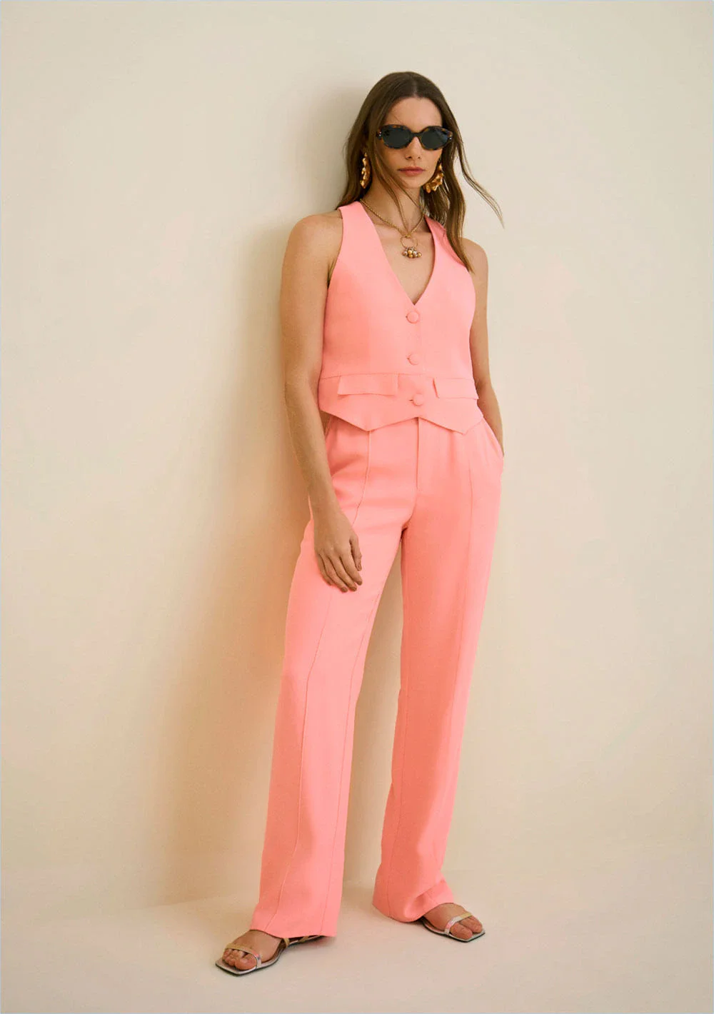 Calça Morena Rosa Reta Cós Alto Com Bolso Rosa