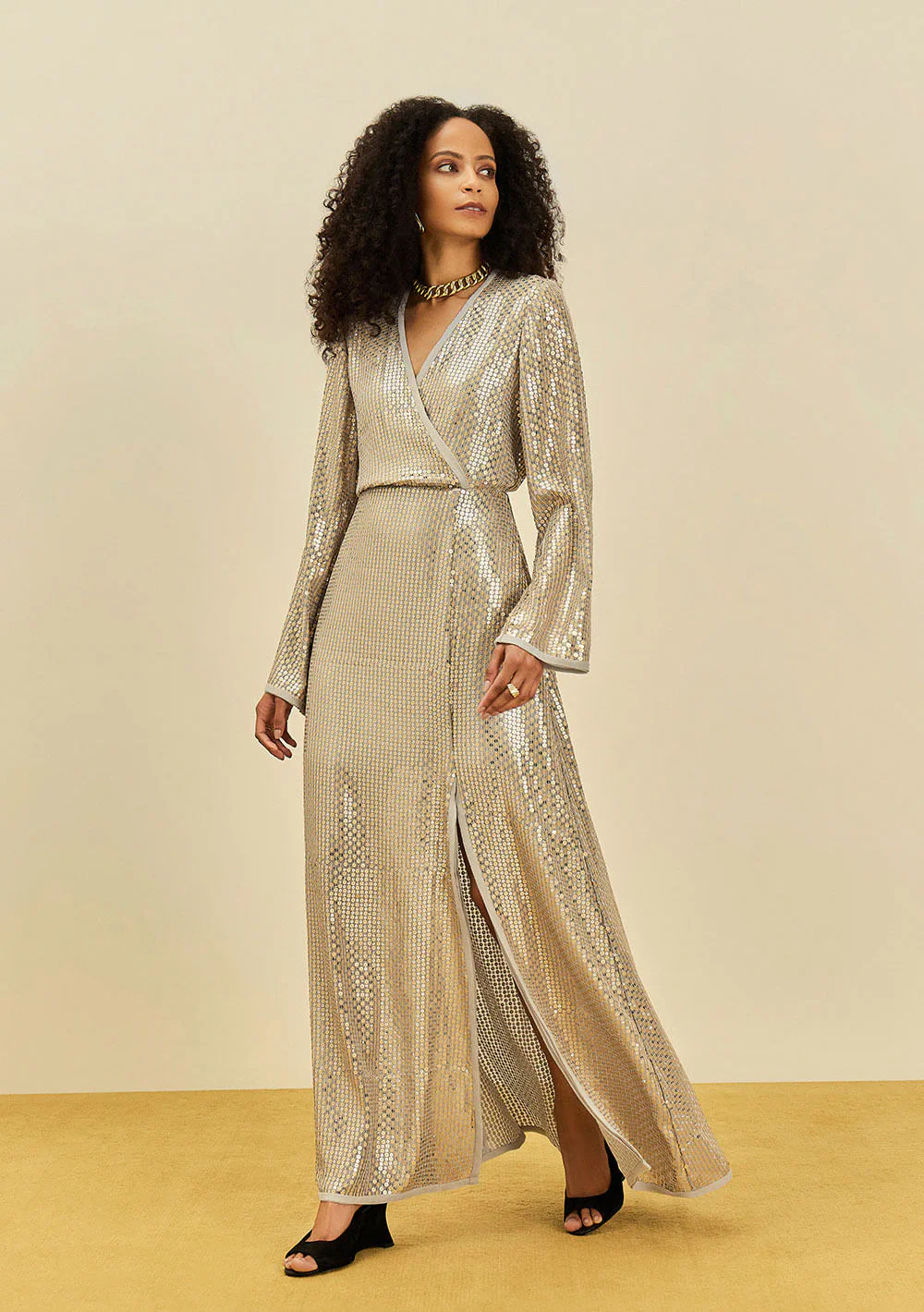 Vestido Maria.Valentina Ajustado Decote V Manga Longa Longo Cinza