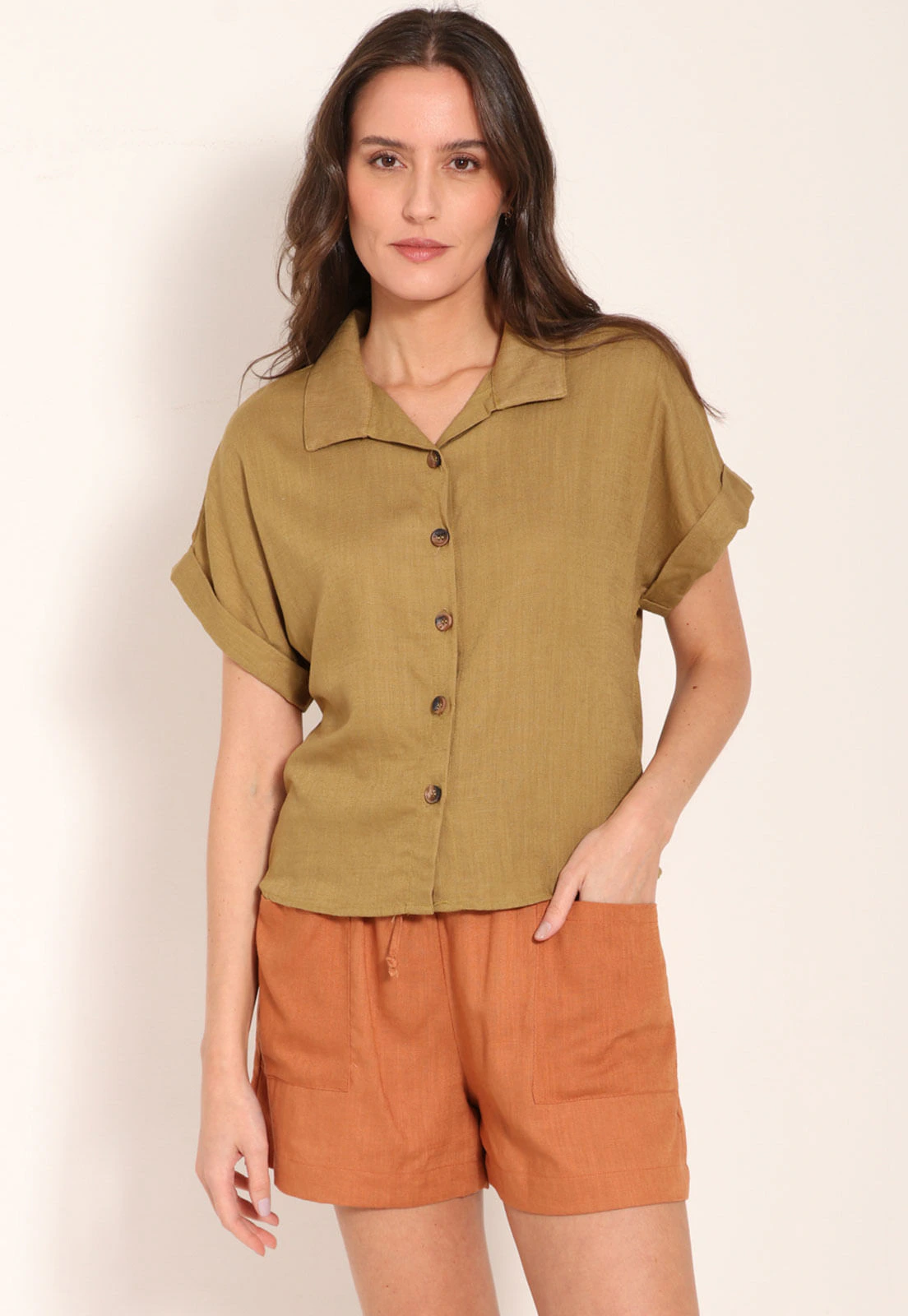 Camisa Cropped Linho Wash Manga Japonesa