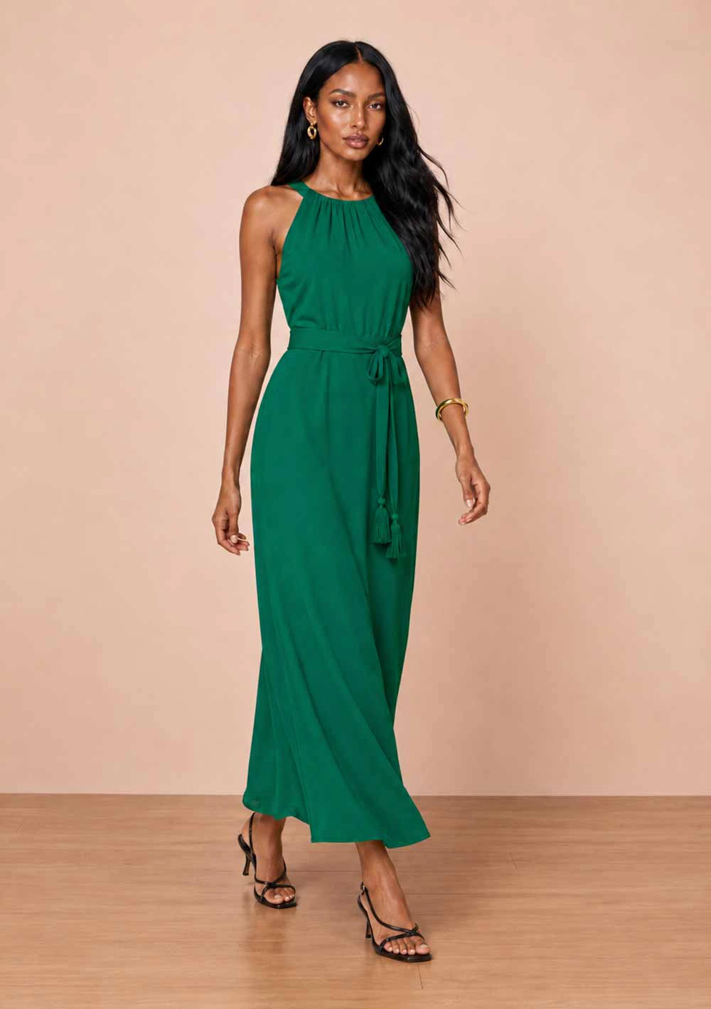 Vestido Gola Alta Flor de Chá Verde