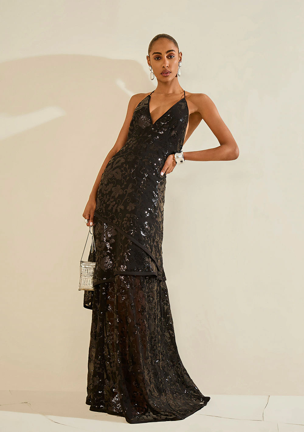 Vestido Solto Decote V Com Alca Longo Preto