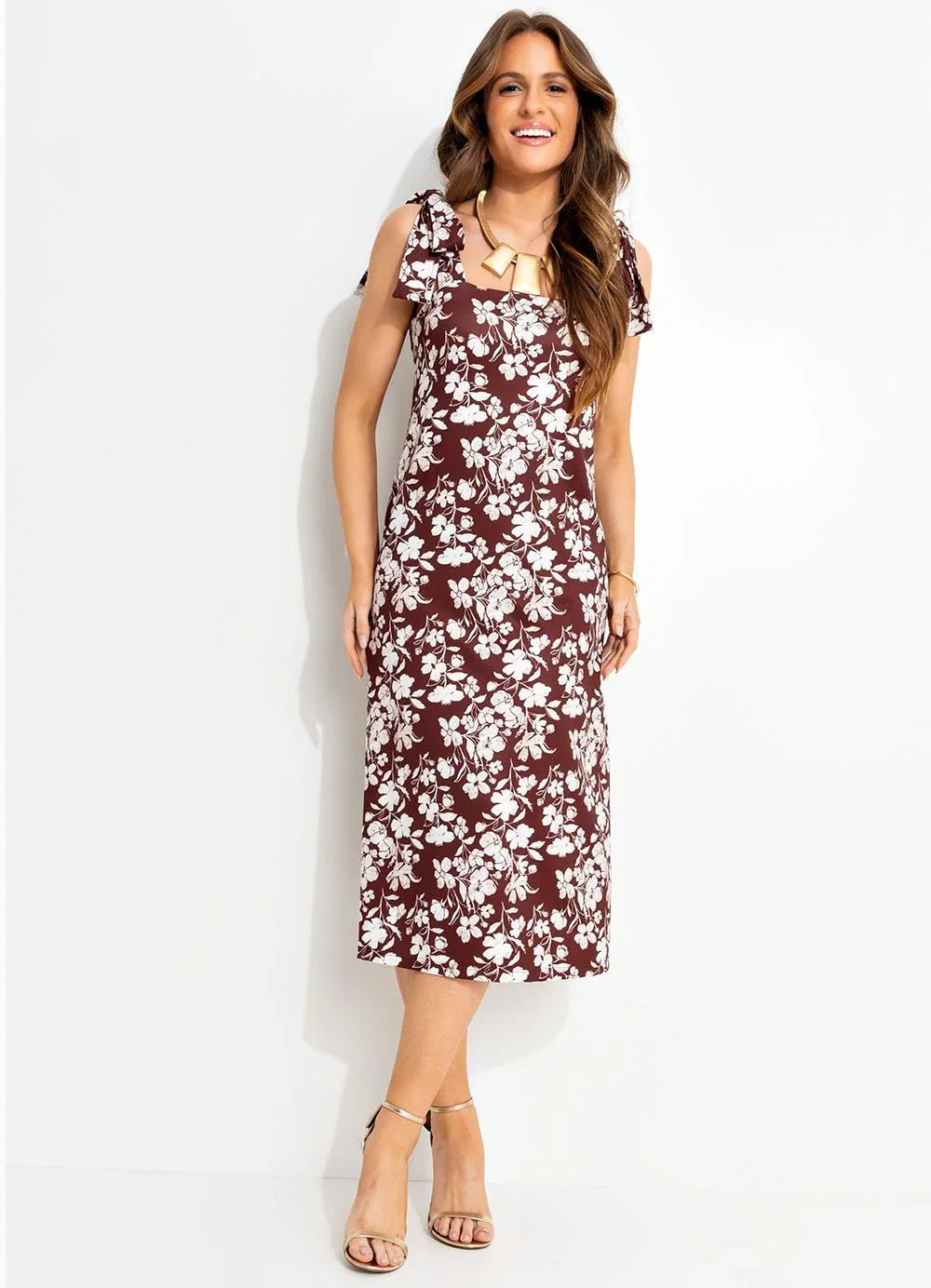 Quintess - Vestido Midi Floral em Malha Fria com Alças de Amarração