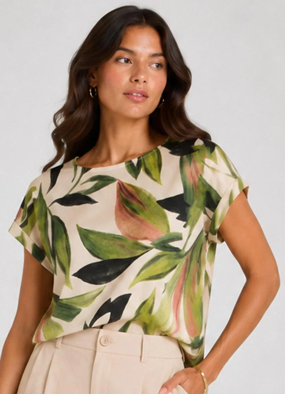 Infinita Cor - Blusa Feminina Manga Curta Estampada Verde