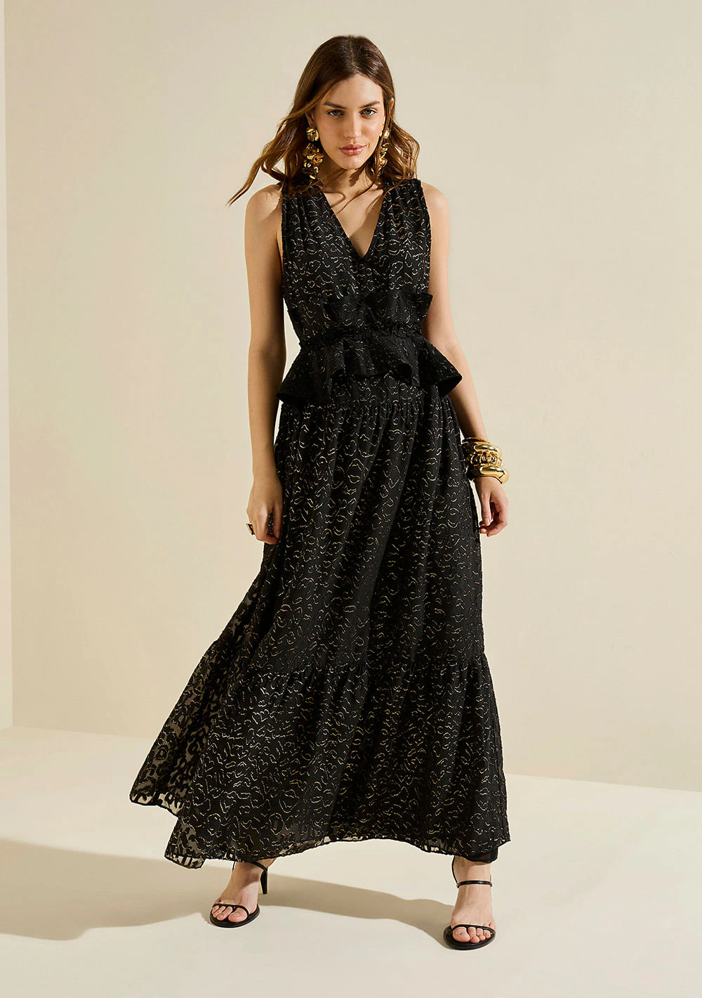Vestido Morena Rosa Solto Decote V Sem Manga Longo Preto