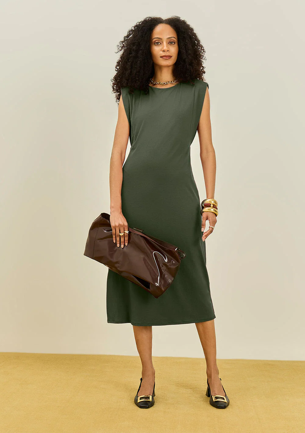 Vestido Maria.Valentina Ajustado Decote Careca Sem Manga Midi Verde