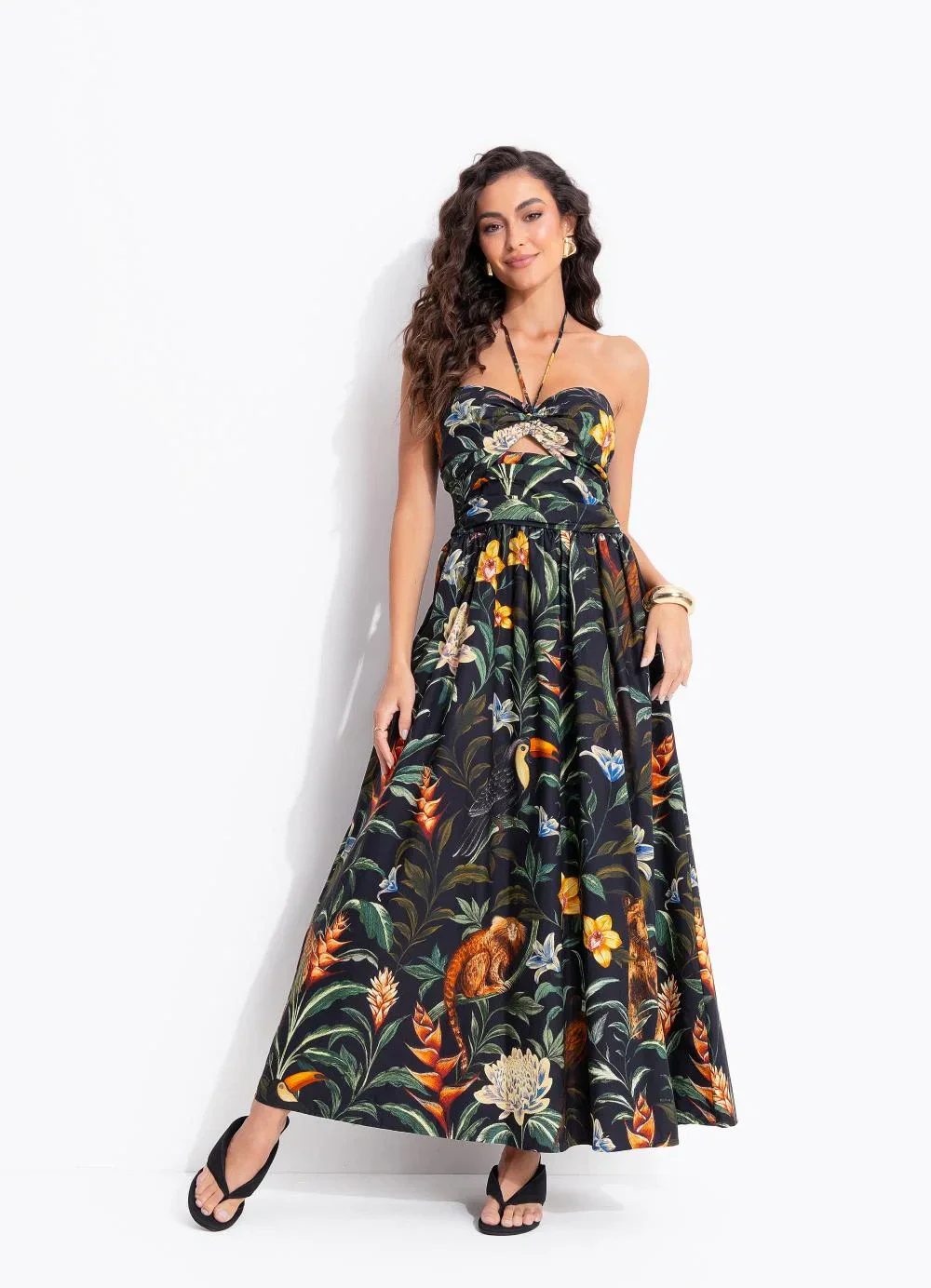 Farm - Vestido Midi Fauna Noturna Preto