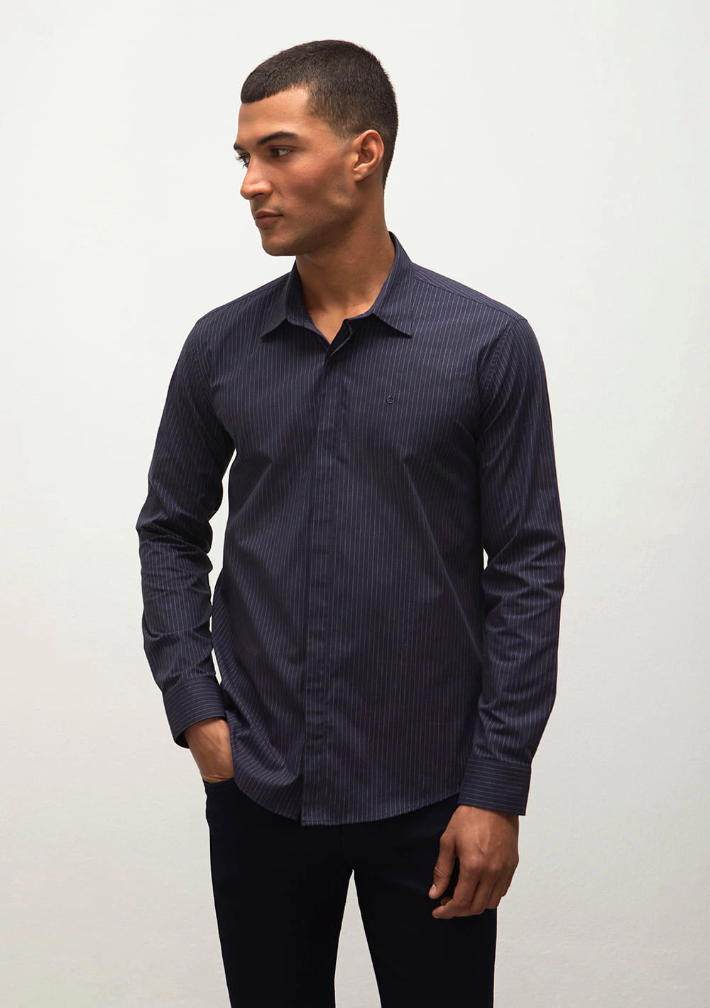 Camisa Manga Longa Com Elastano Azul Marinho