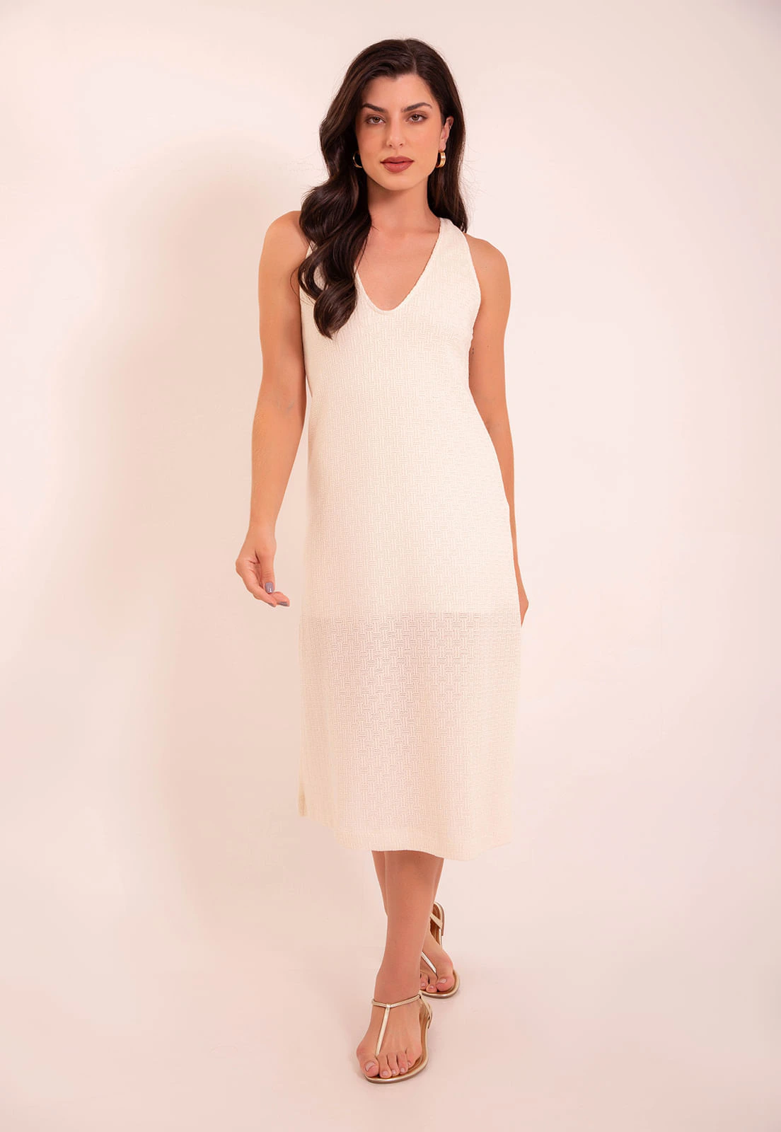 Vestido em Tricot Basket com Decote V