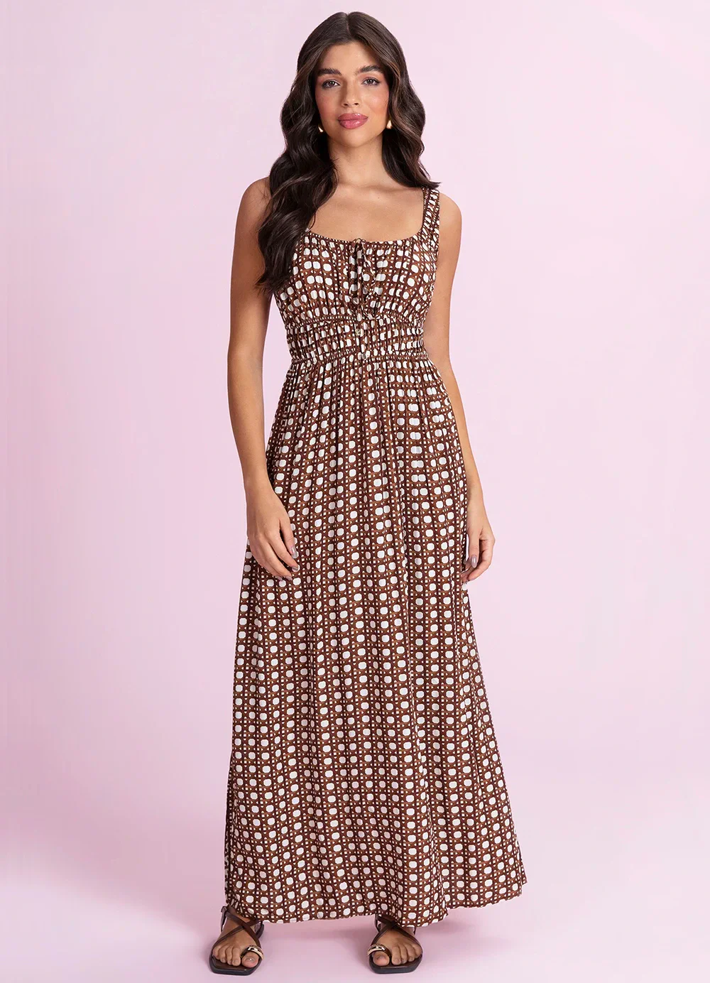 Angel - Vestido Midi Viscose Estampada Marrom