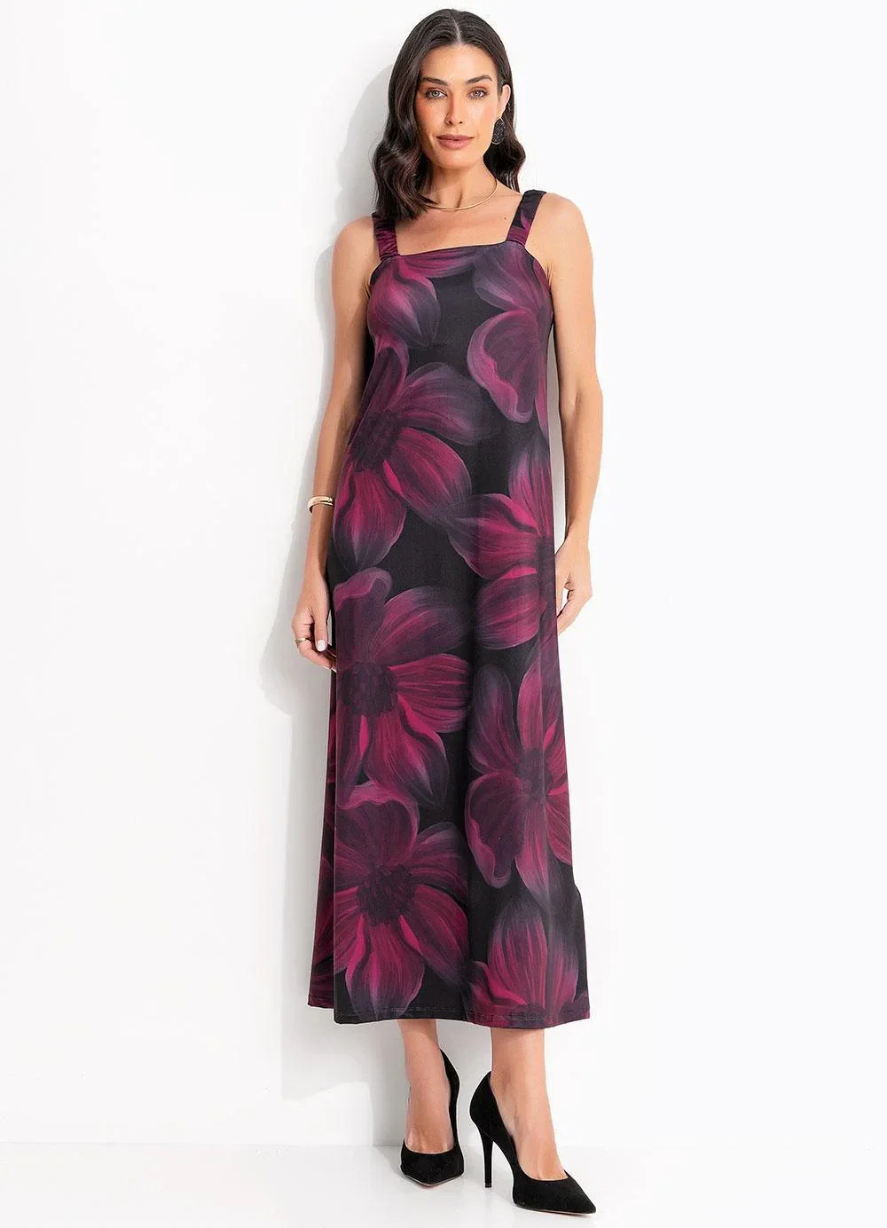 Quintess - Vestido Floral Bordô em Malha Fria