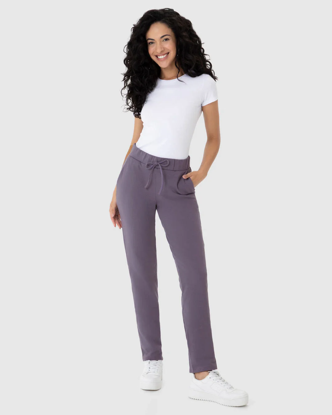 Calça Básica Feminina Reta Em Moletom Stretch Flanelado