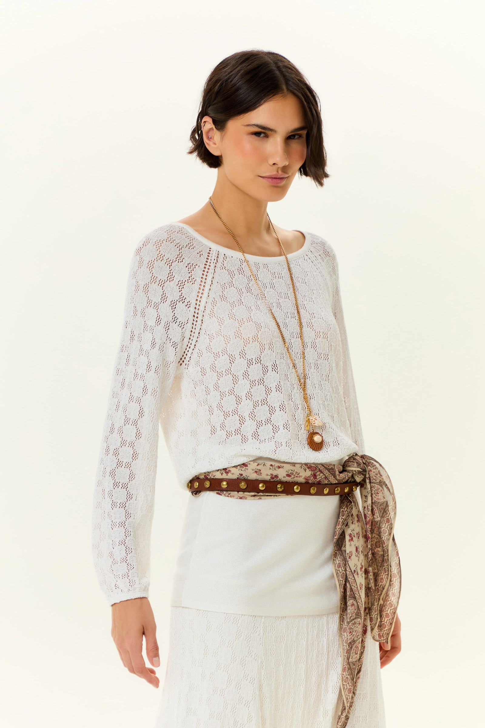 Blusa Tricot Rendada Manga Longa