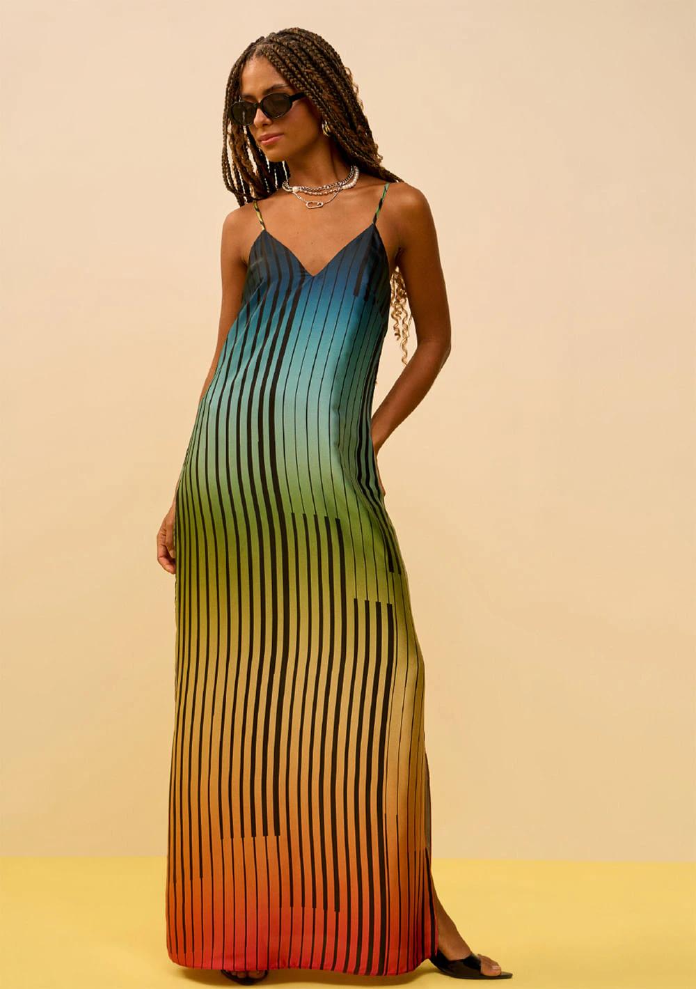 Vestido Zinco Solto Decote V Com Alça Midi Preto/Azul
