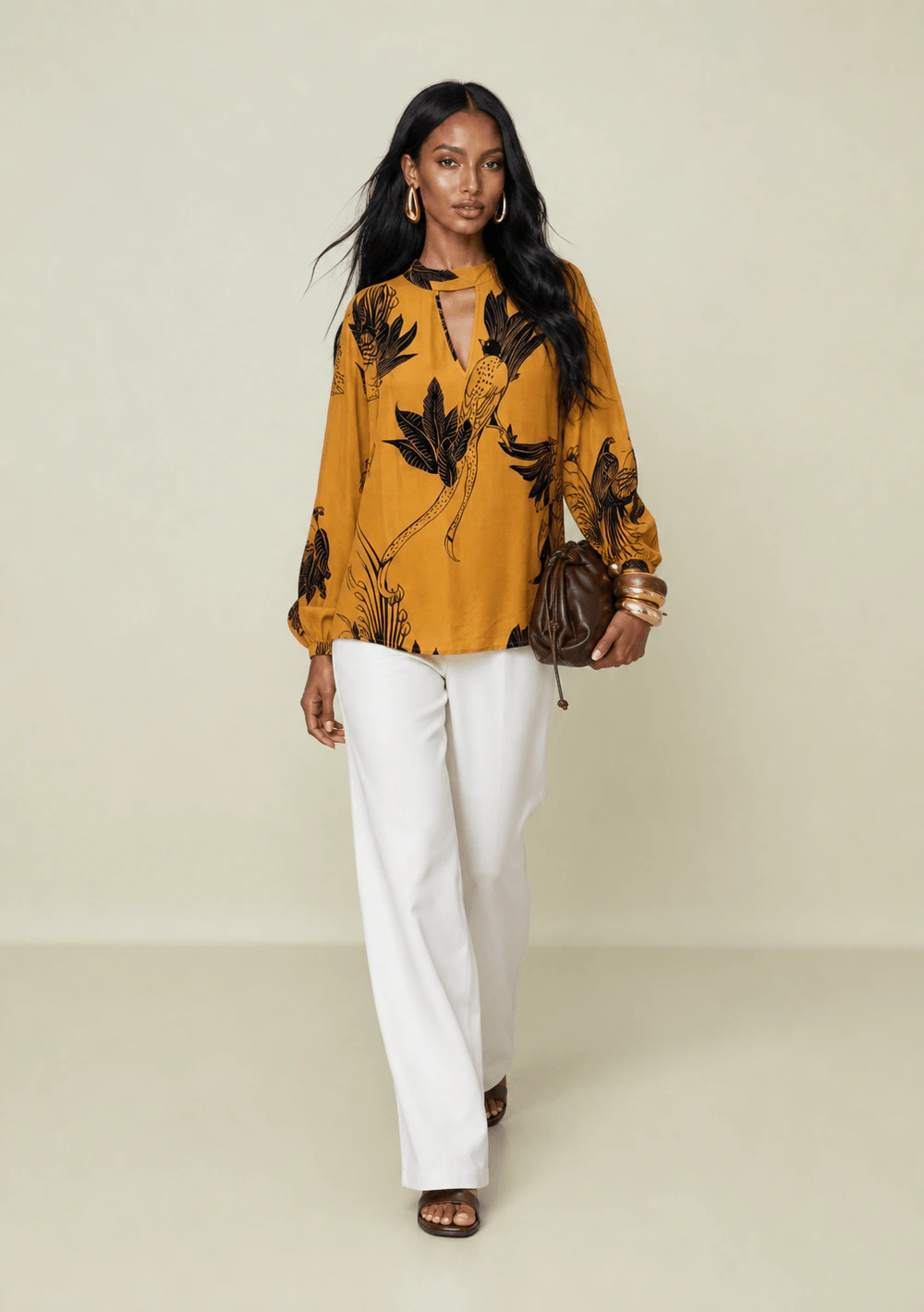 Blusa Solta Decote V Manga Longa Padrão Amarelo
