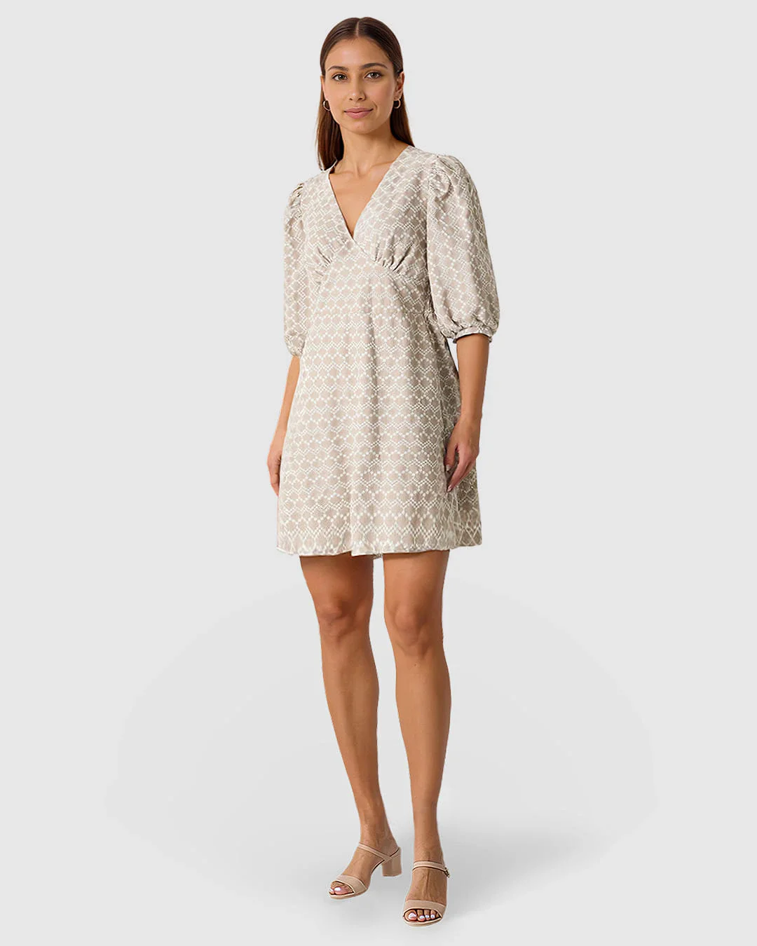 Vestido Feminino Decote V Manga 3/4 Em Laise Algodão Com Linho