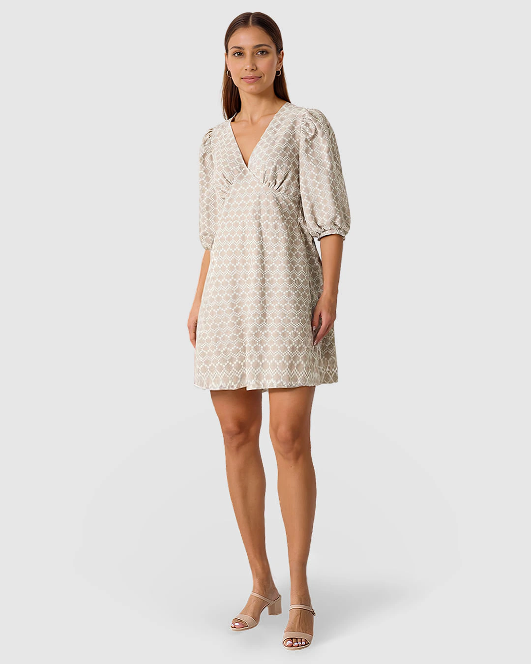 Vestido Feminino Decote V Manga 3/4 Em Laise Algodão Com Linho