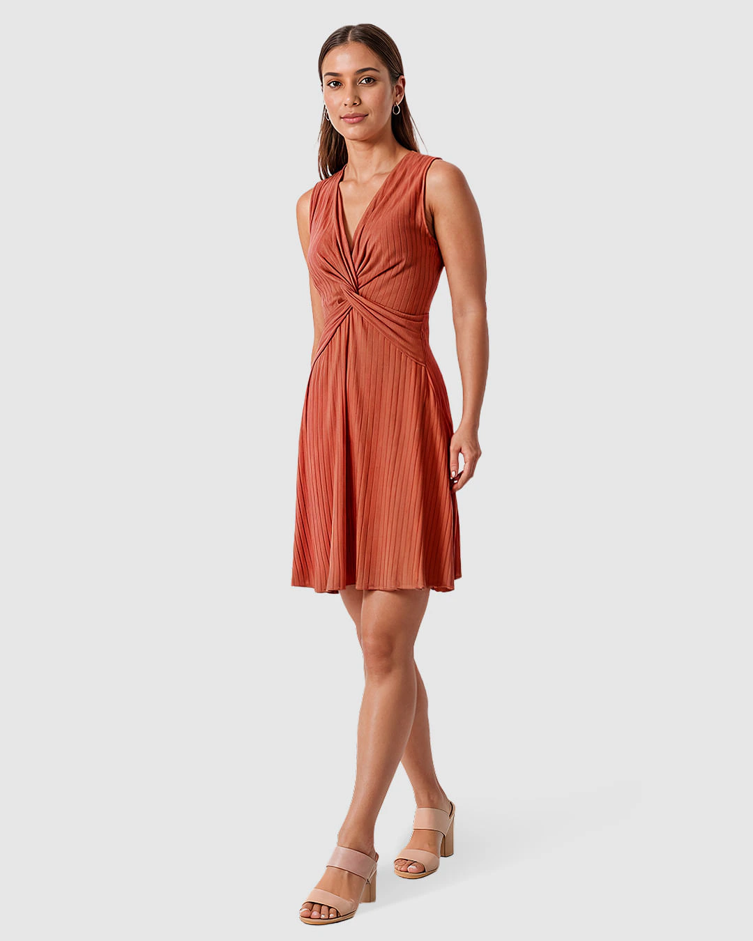 Vestido Feminino Decote V Detalhe Torção Frontal Em Malha Viscose Canelada